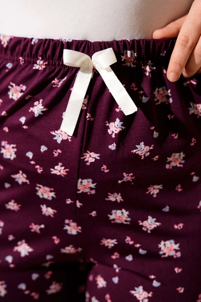 Bel Lastikli Desenli Pijama Altı Mürdüm - Resim 4