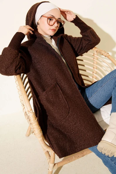 Bilek Ribanalı Kapüşonlu Buklet Hırka Kahve ürün görseli 1