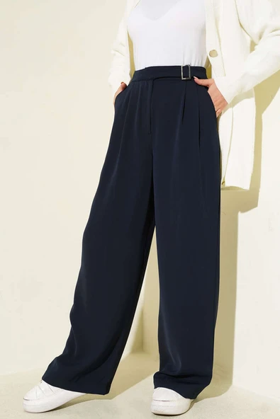 Bel Kemer Tokalı Palazzo Pantolon Lacivert - Resim 2