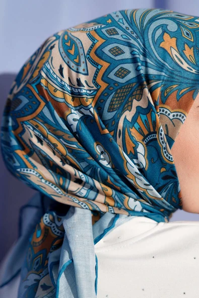 Retro Motifli Modal Eşarp Petrol - Resim 4