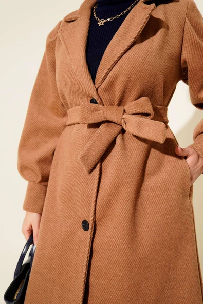 Kruvaze Yaka Kuşaklı Astarlı Kaşe Kaban Camel - Resim 4