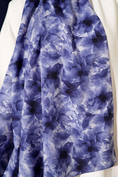 Çiçek Desenli Rami Şal Lacivert - Resim 4