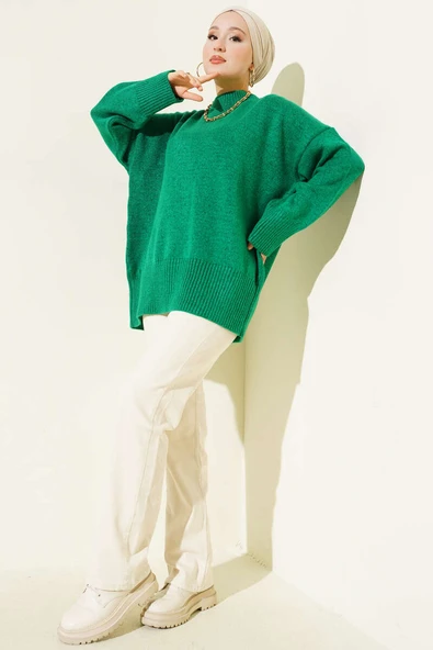 Düşük Omuz Salaş Triko Tunik Yeşil - Resim 2