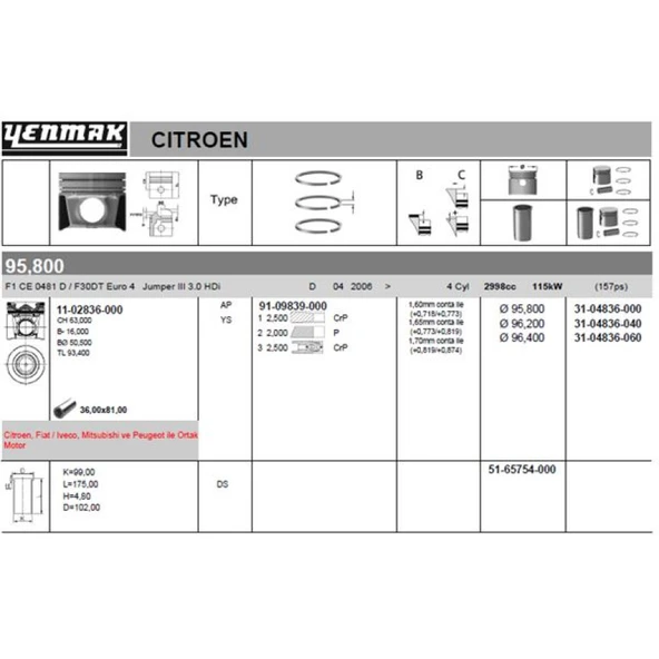 Mitsubıshı Ticarı Motor Piston Segman Std Takım Fuso Canter 3,0 12> Euro5 Motor - Boxer III Jumper III T3,0 F1c / Hdi - Yenmak 31-04836-000 ürün görseli 1