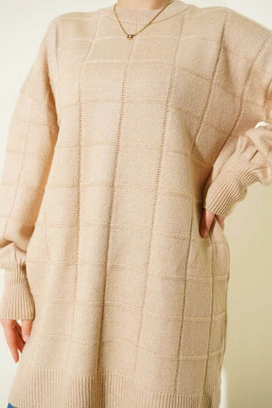 Kare Desenli Yumoş Triko Tunik Latte - Resim 4