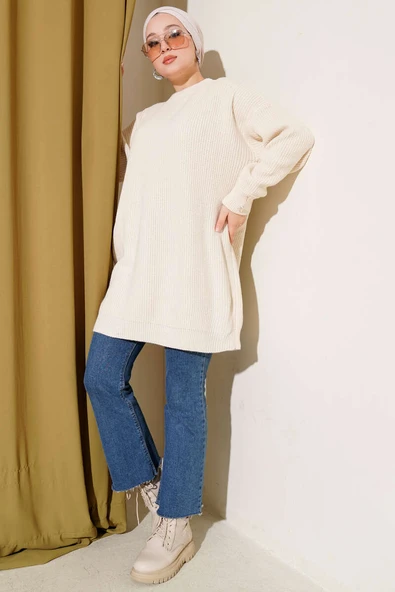 Kol Düğme Detaylı Triko Tunik Krem - Resim 2
