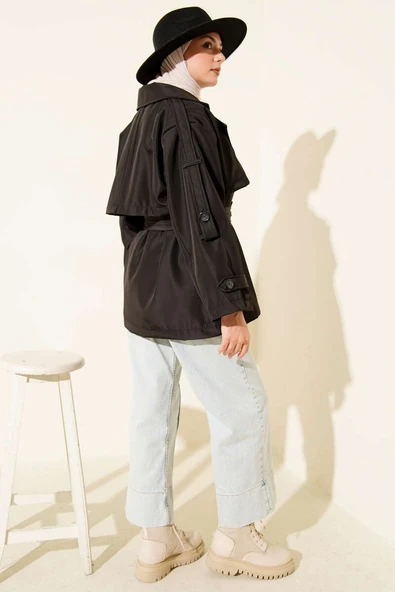 Omuz Apoletli Kuşaklı Trençkot Siyah - Resim 3