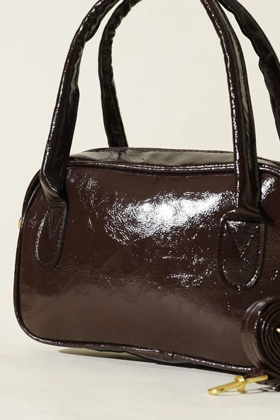 Mini Fermuarlı Rugan El Çantası Acı Kahve - Resim 3