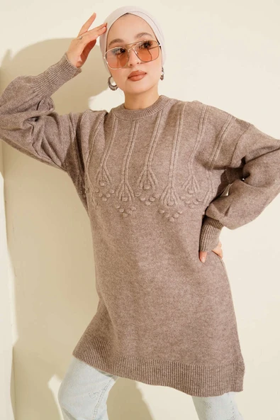 Salkım Kabartma Yumoş Triko Tunik Vizon ürün görseli 1