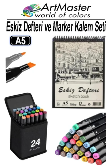 A5 Eskiz Defteri 50 Yaprak 100 gr 1 Adet 24 Renk Marker Kalem Çift Taraflı Touch Çift Uçlu Eskiz Defteri Boya Seti ürün görseli