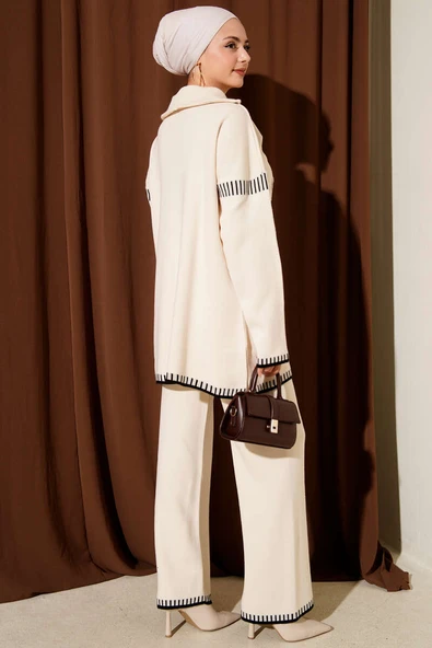 Yarım Fermuarlı Şerit Detaylı Triko İkili Takım Bej - Resim 3