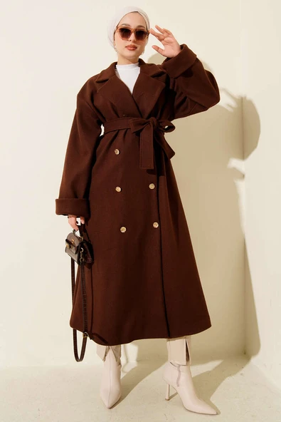 Gold Düğmeli Kruvaze Kaşe Kaban Kestane - Resim 2