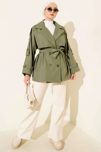 Omuz Apoletli Kuşaklı Trençkot Haki - Resim 2