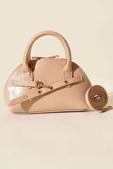 Fermuarlı Oval Mini El Çanta Bej - Resim 2