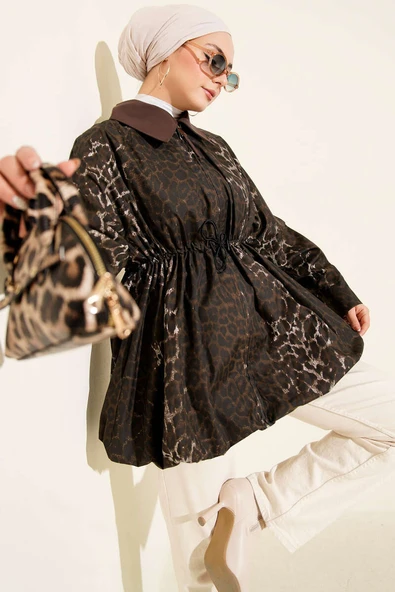 Etek Ucu Gizli Lastikli Leopar Trençkot Kahve ürün görseli 1