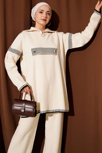 Yarım Fermuarlı Şerit Detaylı Triko İkili Takım Bej - Resim 2