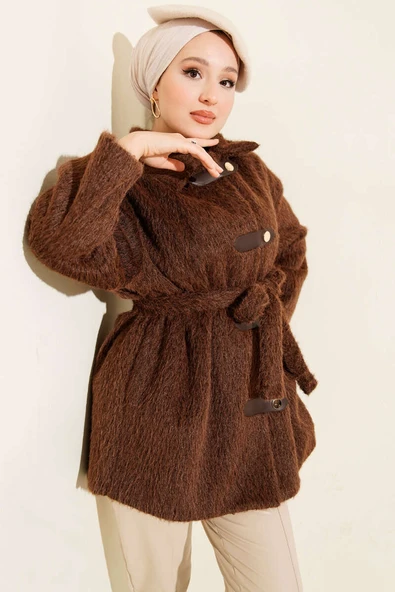 Deri Çıtçıtlı Sakallı Kuşaklı Ceket Kahve - Resim 2