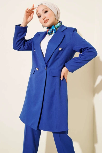 Kruvaze Yaka Blazer Ceketli İkili Takım Saks - Resim 2