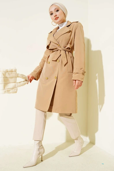 Tek Omuz Apoletli Kruvaze Trençkot Latte - Resim 2