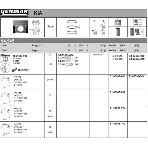 Kia Motor Piston Segman 050 Kia Bongo-Pregio K2700 Motor 1997-> 95,00 MM - Yenmak 36-03534-050 ürün görseli 1