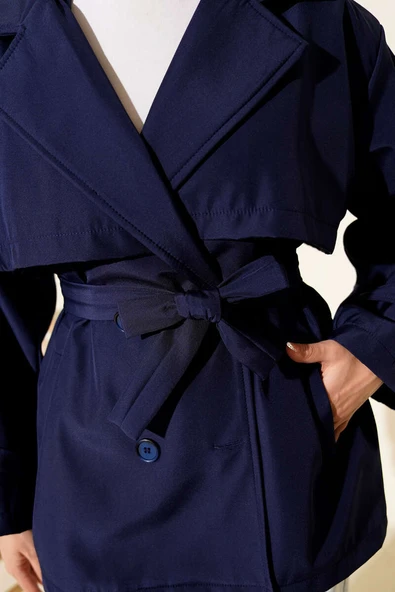 Omuz Apoletli Kuşaklı Trençkot Lacivert - Resim 4