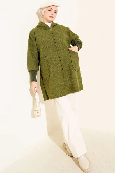 Bilek Ribanalı Kapüşonlu Buklet Hırka Haki - Resim 2