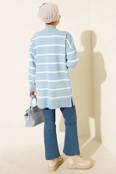 Bisiklet Yaka Yatay Çizgili Triko Tunik Mavi - Resim 3