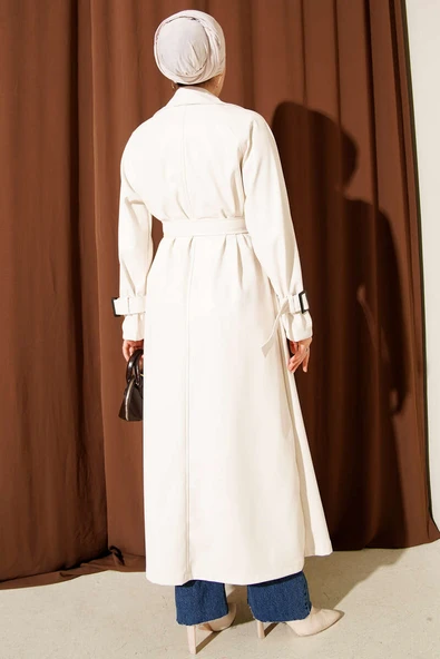 Düğmeli Kuşaklı Deri Trençkot Ekru - Resim 3