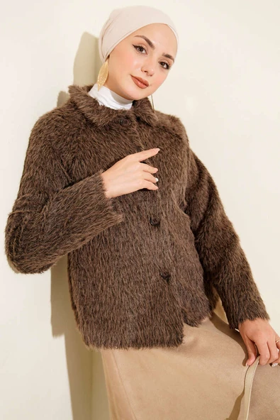 Düğmeli Sakallı Kısa Ceket Kahve ürün görseli 1