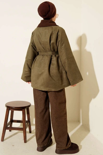 Kadife Yaka Süet Kuşaklı Ceket Haki - Resim 3