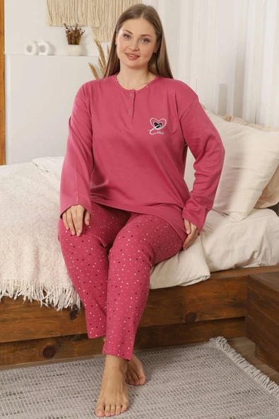 Kalp Nakışlı Büyük Beden Pijama Takımı Nar Çiçeği ürün görseli 1