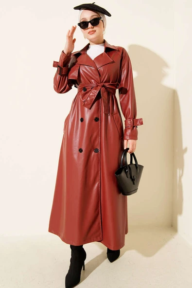 Düğmeli Kuşaklı Deri Trençkot Bordo - Resim 2