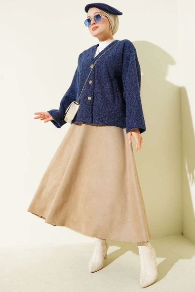 Gold Düğmeli Keçe Kısa Ceket Lacivert - Resim 2