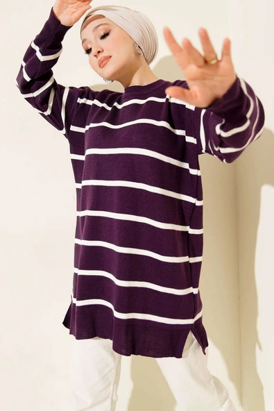 Bisiklet Yaka Yatay Çizgili Triko Tunik Mor ürün görseli