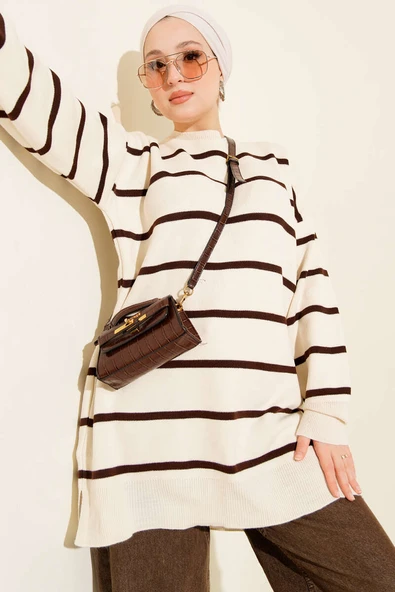 Bisiklet Yaka Yatay Çizgili Triko Tunik Taş ürün görseli 1