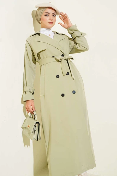 İçi Astarlı Kuşaklı Trençkot Su Yeşili - Resim 2