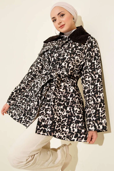 Leopar Desen Kadife Yaka Trençkot Kahve ürün görseli 1