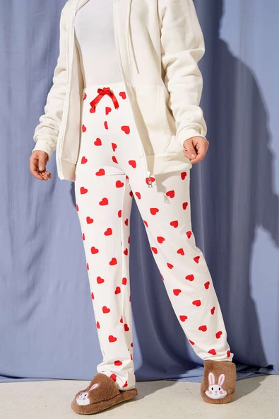 Bel Lastikli Desenli Pijama Altı Beyaz ürün görseli 1