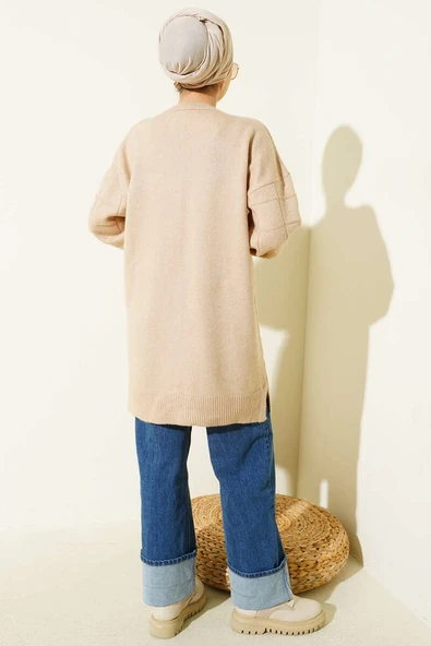 Kare Desenli Yumoş Triko Tunik Latte - Resim 3