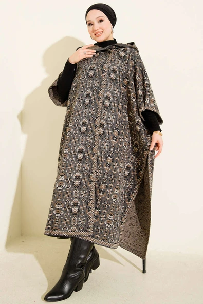 Kilim Desen Kapüşonlu Panço Füme - Resim 2