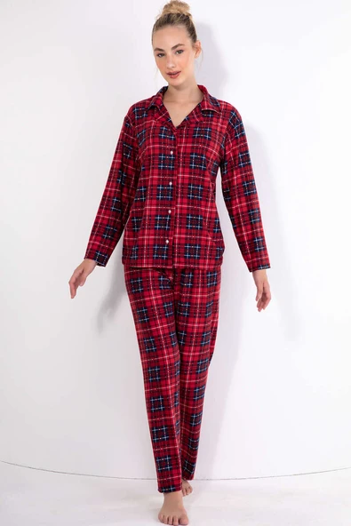 Gömlek Yaka Kare Çizgi Detaylı Pijama Takımı Kırmızı Lacivert ürün görseli 1
