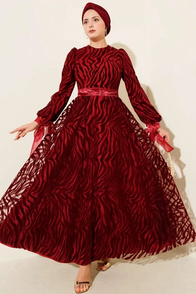 Dalga Desen Tül Kuşak Abiye Elbise Bordo ürün görseli 1