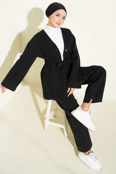 Kuşaklı Metal Düğmeli Kot İkili Takım Siyah ürün görseli 1