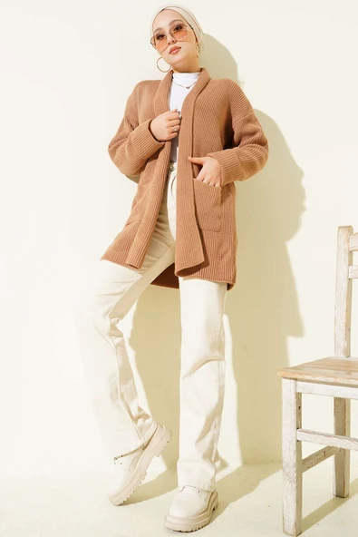 Şal Yaka Pirinç Örgü Triko Hırka Latte - Resim 2