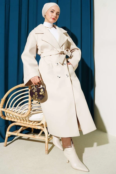 Kruvaze Yaka Altı Düğmeli Kaşe Kaban Taş ürün görseli 1