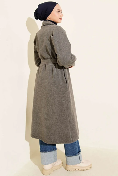 Kruvaze Yaka Kuşaklı Astarlı Kaşe Kaban Füme - Resim 3