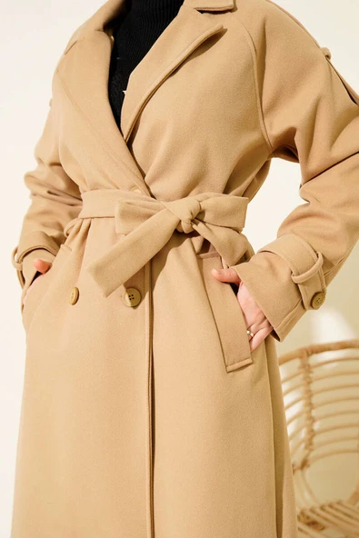 Kruvaze Yaka Omuz Apoletli Kaşe Kaban Camel - Resim 4