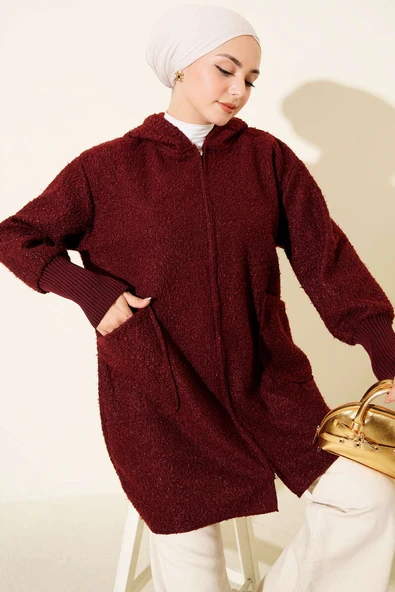 Bilek Ribanalı Kapüşonlu Buklet Hırka Bordo ürün görseli 1