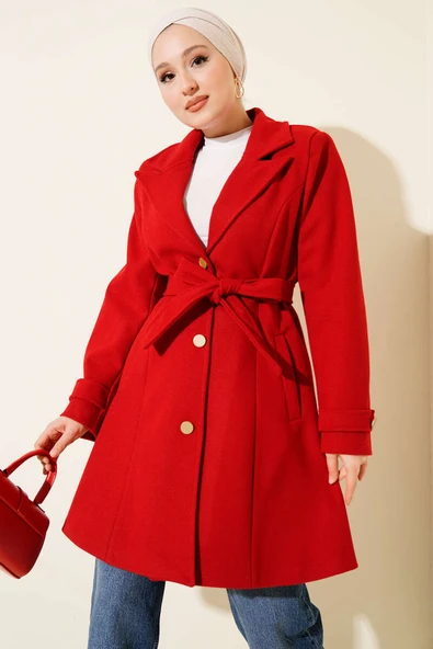 Kuşaklı Gold Düğmeli Kaşe Kaban Kırmızı ürün görseli 1