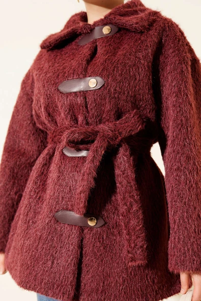 Deri Çıtçıtlı Sakallı Kuşaklı Ceket Bordo - Resim 4